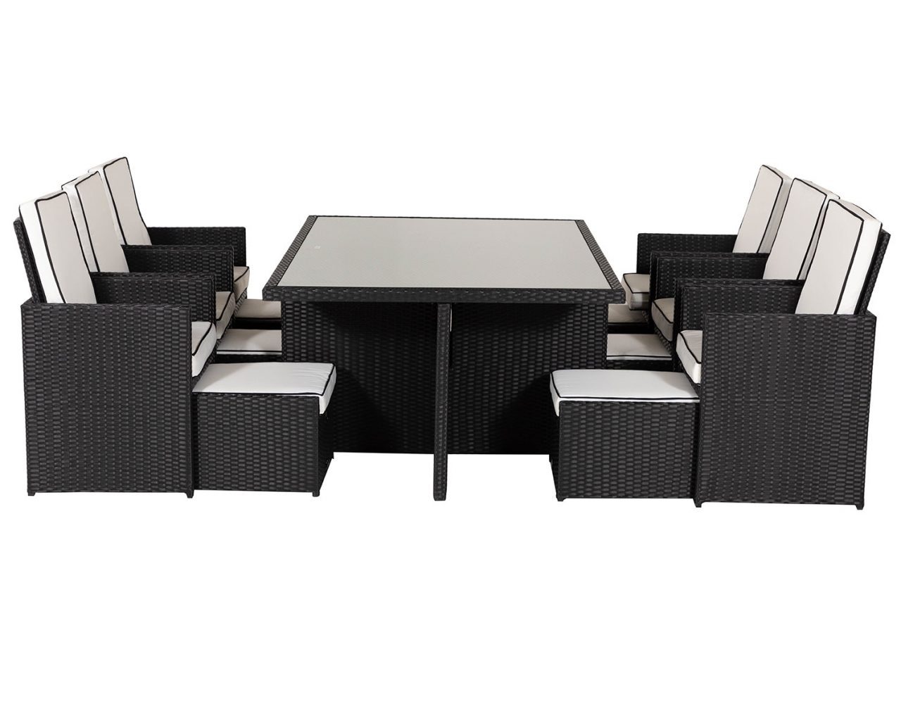 6 Seat Rattan Garden Cube Dining Set in Black with Footstools