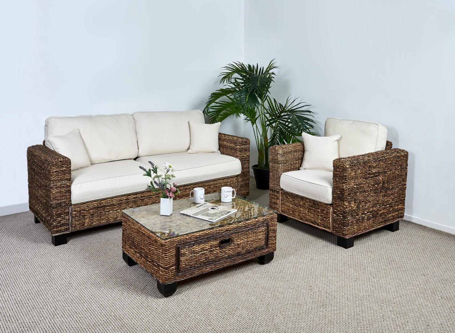 Rattan Conservatory 3 Seater Sofa Set in Oatmeal - Kensington Abaca