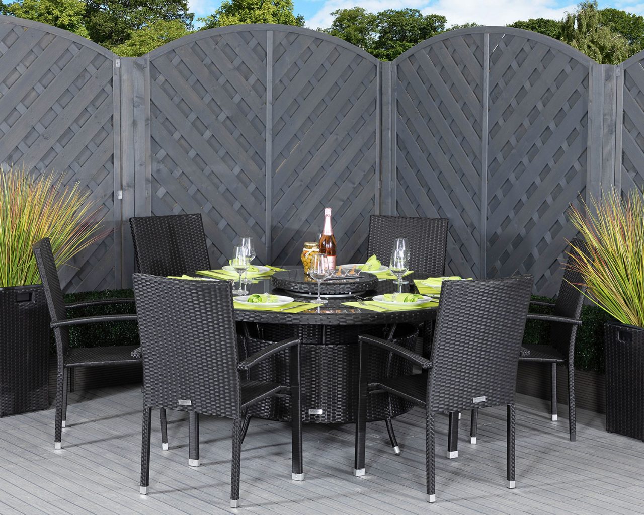 6 Seat Rattan Garden Dining Set With Large Round Table in Black - Rio