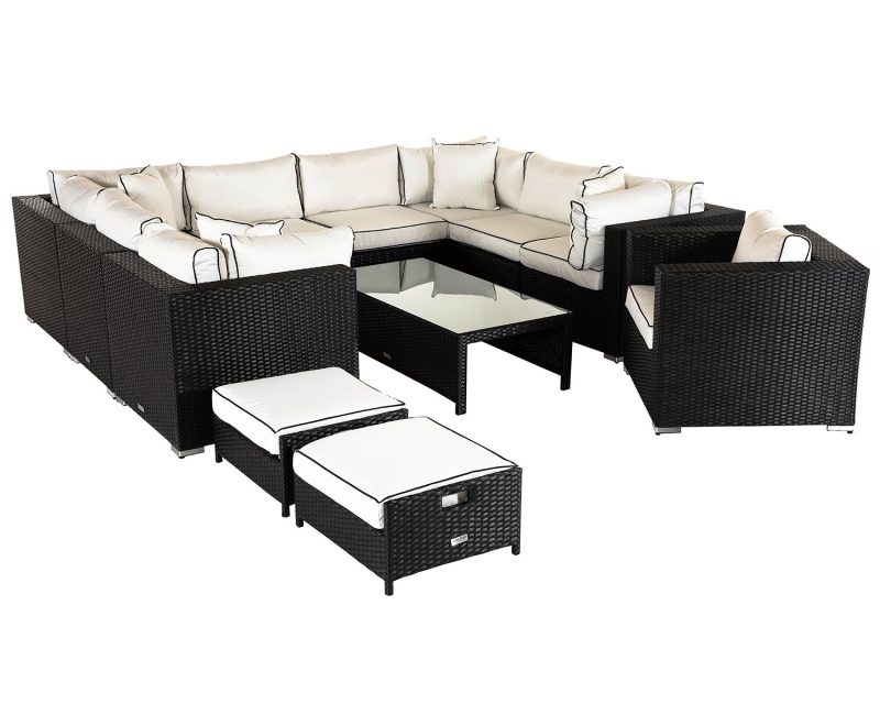 Rattan Garden Corner Sofa Set in Black & White Geneva Rattan Garden