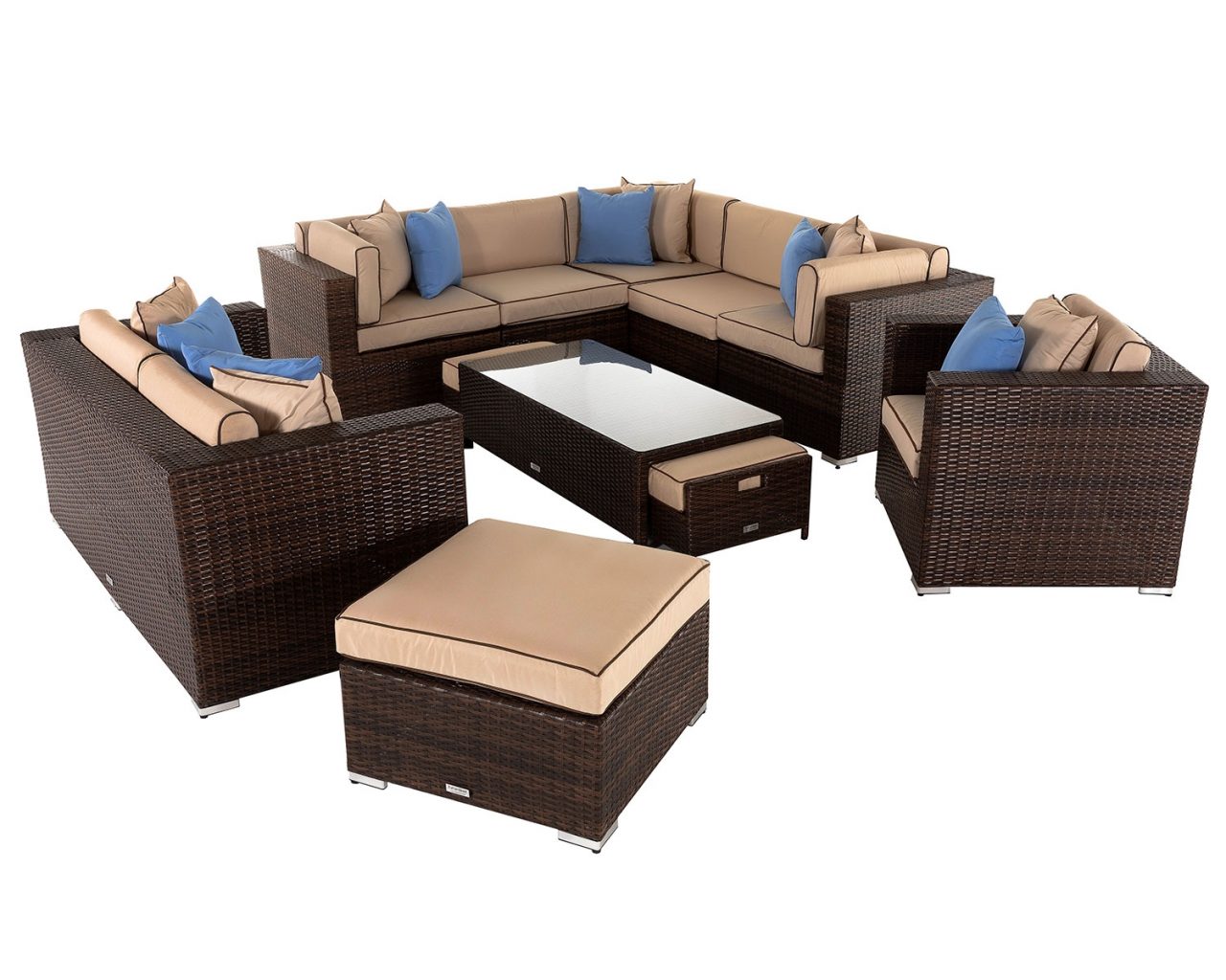 Rattan Garden Corner Sofa Set in Brown with Cream Cushions - Geneva